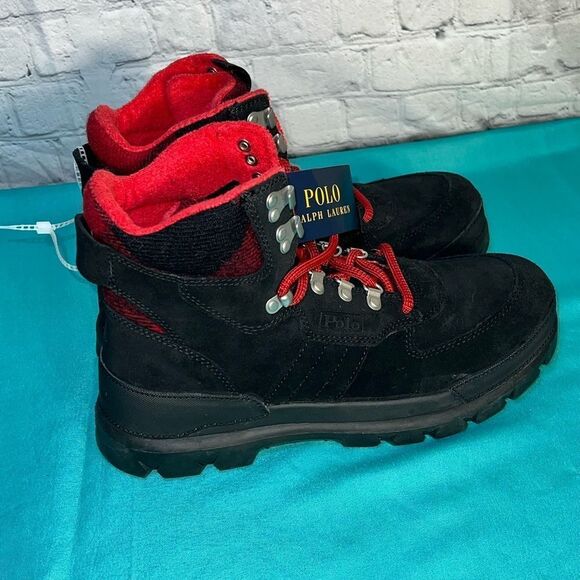 POLO RALPH LAUREN Oslo Tactical‎ Boot Black Suede Leather with Red Buffalo Check - Picture 1 of 12